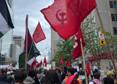Drapeau rouge communiste flotte devant une masse de manifestant